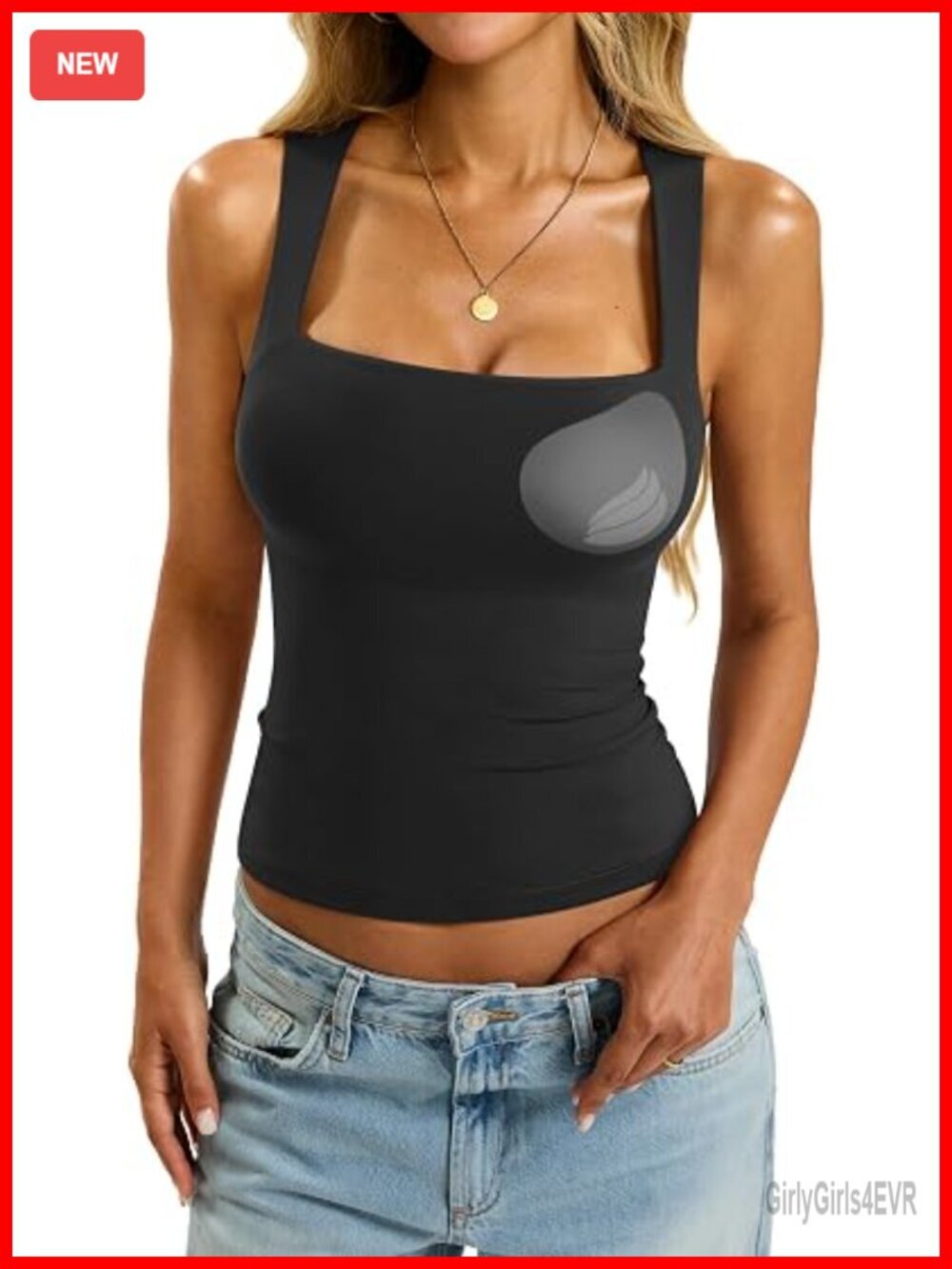 Padded Tank Top with Built in Bra Square Neck Slim Fitted Sleeveless Double